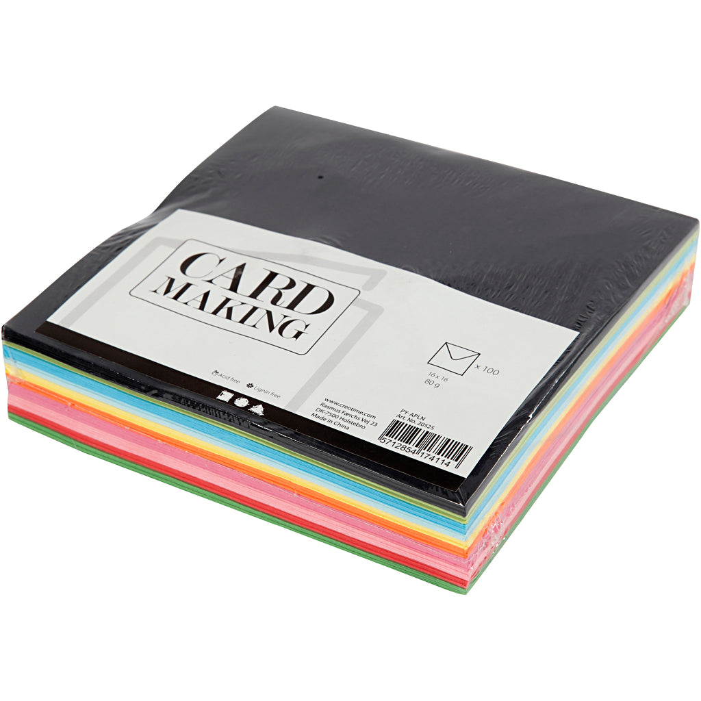 Gekleurde enveloppen, afmeting envelop 16x16 cm, 80 gr, diverse kleuren, 10x10 stuk/ 1 doos [HOB-20525]