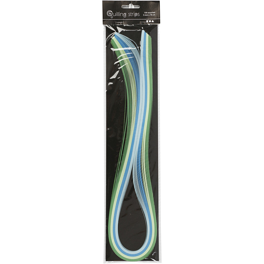 Quilling stroken, L: 78 cm, B: 5 mm, 120 gr, blauw, groen, lime groen, turquoise, 100 stuk/ 1 doos [HOB-20796]