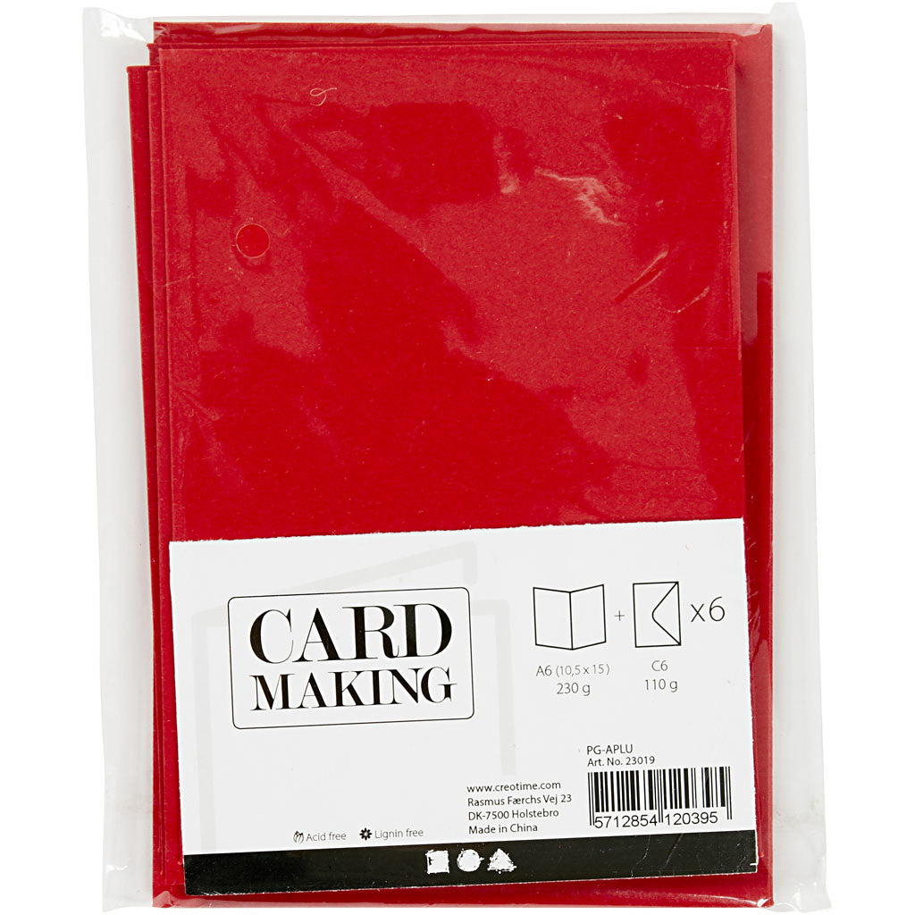 Kaarten en enveloppen, afmeting kaart 10,5x15 cm, afmeting envelop 11,5x16,5 cm, 110+230 gr, rood, 6 set/ 1 doos [HOB-23019]