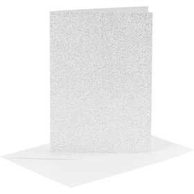 Kaarten en enveloppen, afmeting kaart 10,5x15 cm, afmeting envelop 11,5x16,5 cm, glitter, 120+250 gr, zilver, 4 set/ 1 doos [HOB-23024]