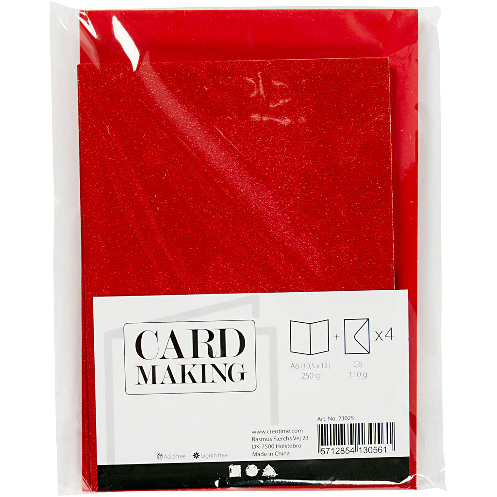 Kaarten en enveloppen, afmeting kaart 10,5x15 cm, afmeting envelop 11,5x16,5 cm, glitter, 110+250 gr, rood, 4 set/ 1 doos [HOB-23025]