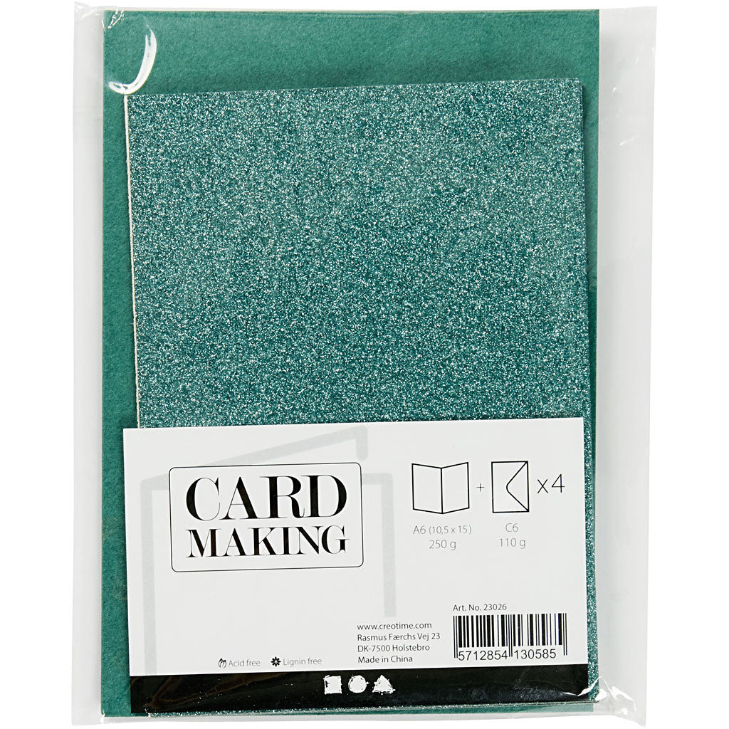 Kaarten en enveloppen, afmeting kaart 10,5x15 cm, afmeting envelop 11,5x16,5 cm, glitter, 110+250 gr, groen, 4 set/ 1 doos [HOB-23026]