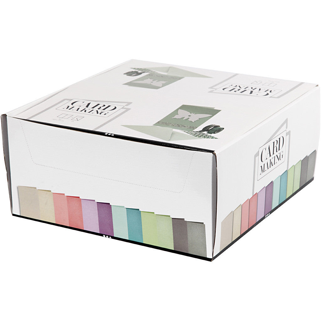 Kaarten en enveloppen, afmeting kaart 10,5x15 cm, afmeting envelop 11,5x16,5 cm, 120+210 gr, diverse kleuren, 12x10 doos/ 1 doos [HOB-23037]