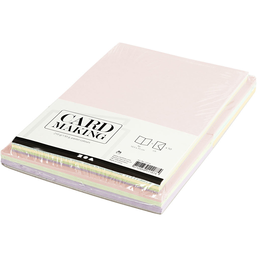 Cartes et enveloppes, dimension carte 10,5x15 cm, dimension enveloppes 11,5x16,5 cm, 110+220 gr, couleurs pastel, 50 set/ 1 Pq. [HOB-23114]