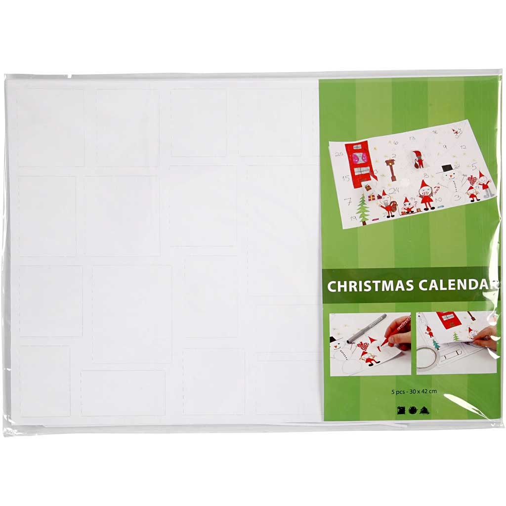 Kerstkalender, afm 30x42 cm, wit, 5 stuk/ 1 doos [HOB-23343]
