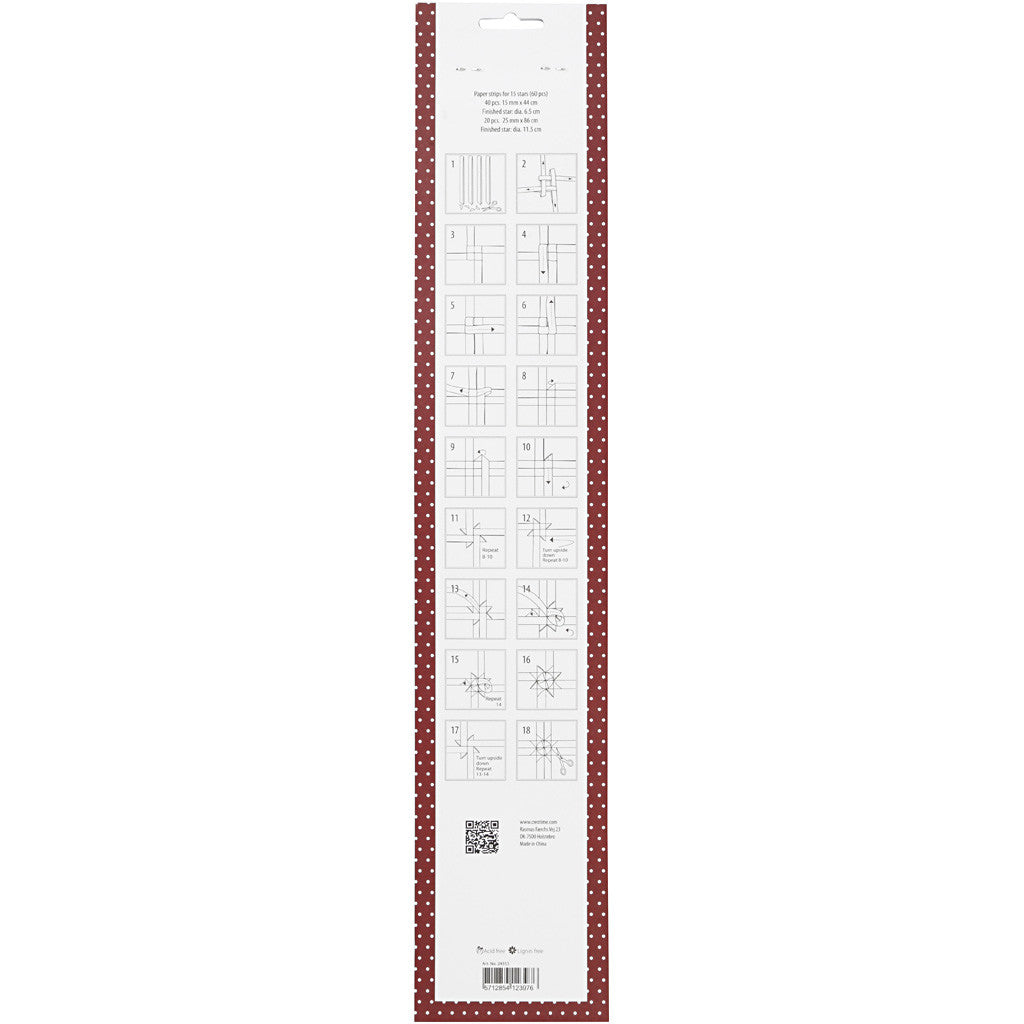 Bandes de papier étoiles, L : 44+78 cm, d 6,5+11,5 cm, L : 15+25 mm, rouge, blanc, 60 bandes/ 1 Pq. [HOB-24353]