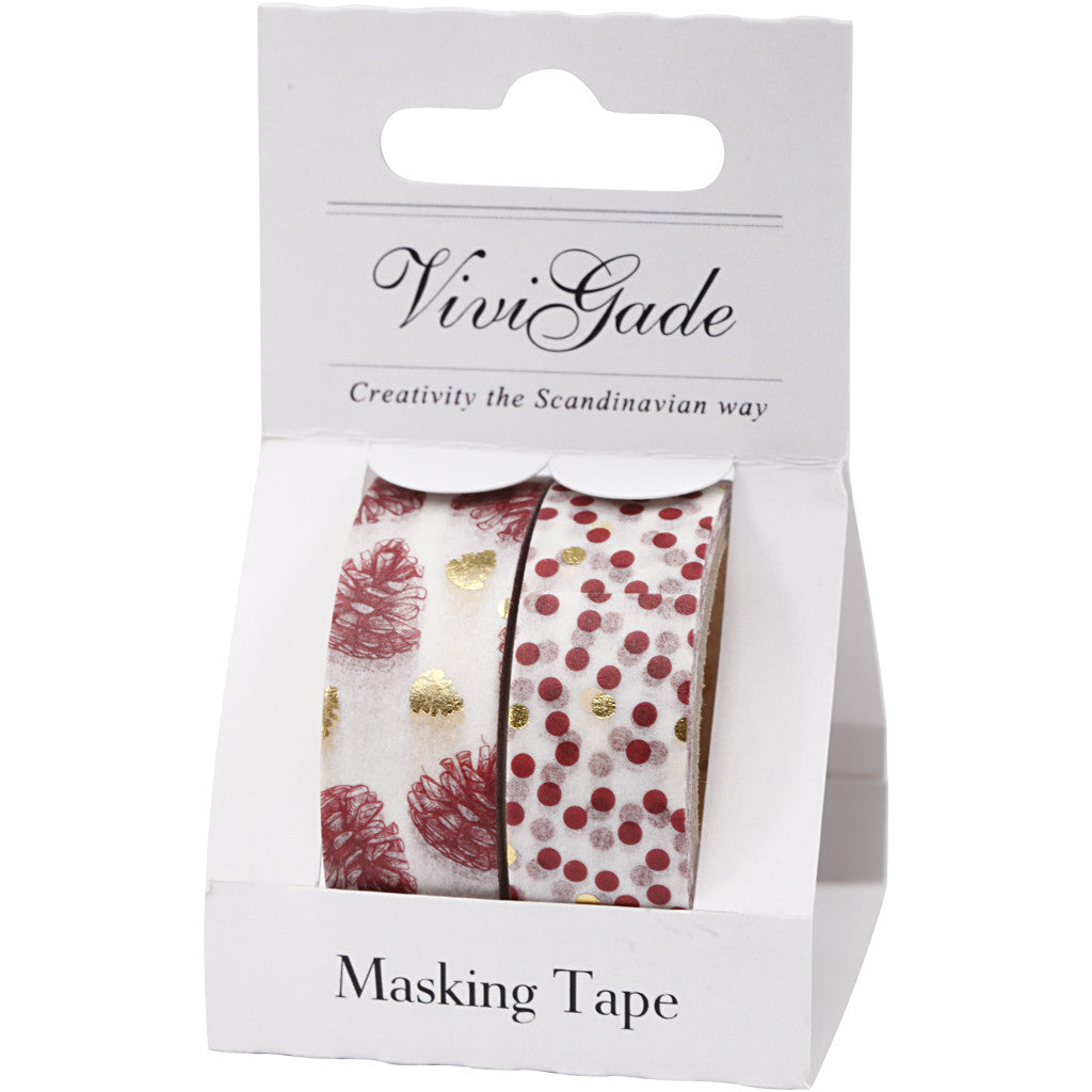 Masking Tape, denneappels en stippen - folie, B: 15 mm, 2x4 m/ 1 doos [HOB-24762]