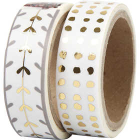 Masking Tape, harten en stippen - folie, B: 15 mm, goud, wit, 2x4 m/ 1 doos [HOB-24767]