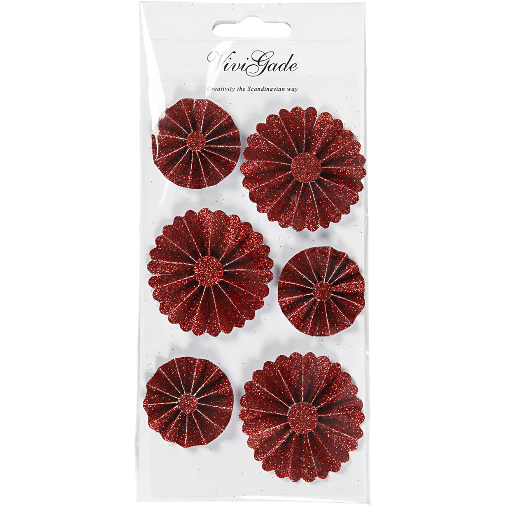 Rosettes en papier, d 35+50 mm, glitter rouge, 6 pièces/ 1 Pq. [HOB-24775]