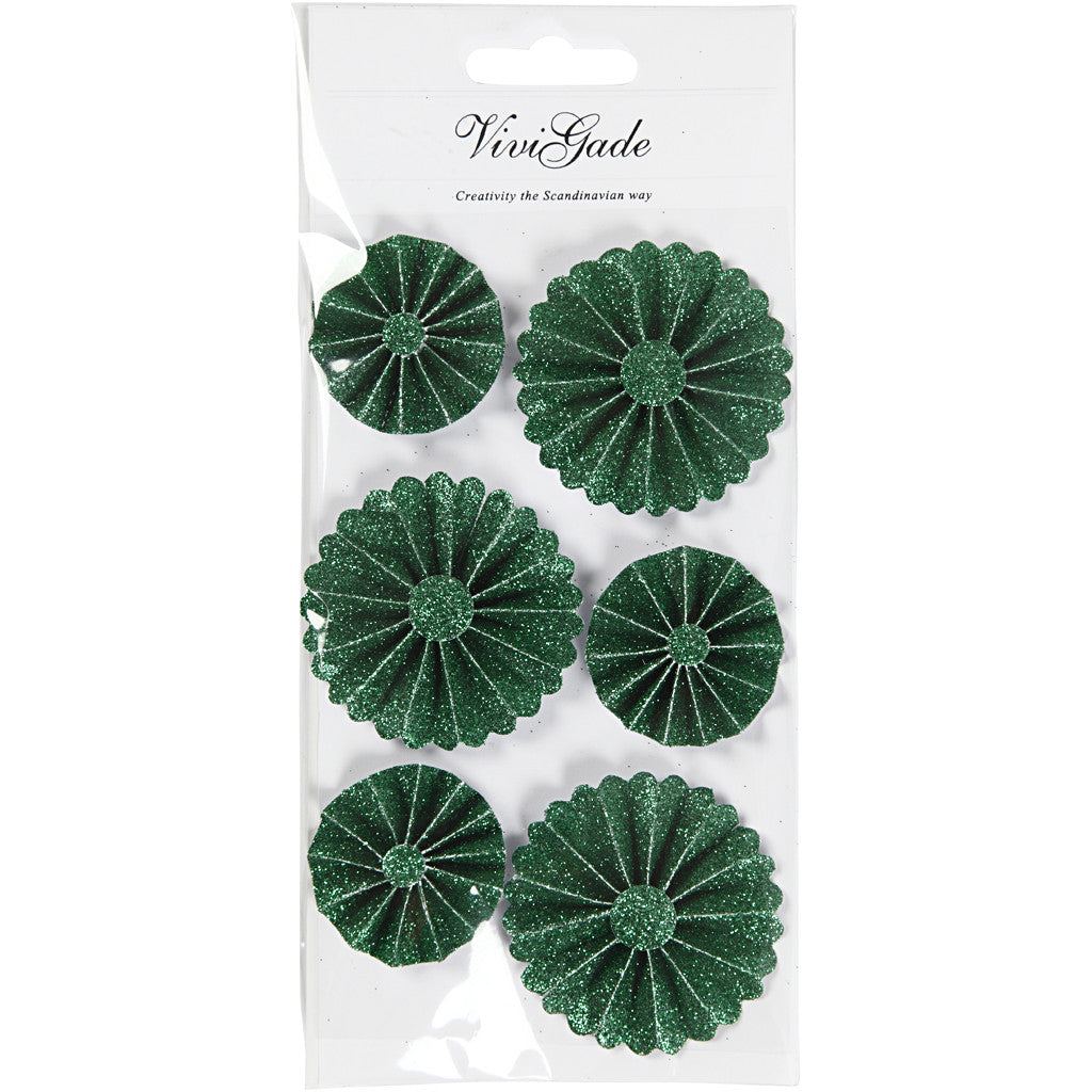 Rosettes en papier, d 35+50 mm, glitter vert, 6 pièces/ 1 Pq. [HOB-24781]