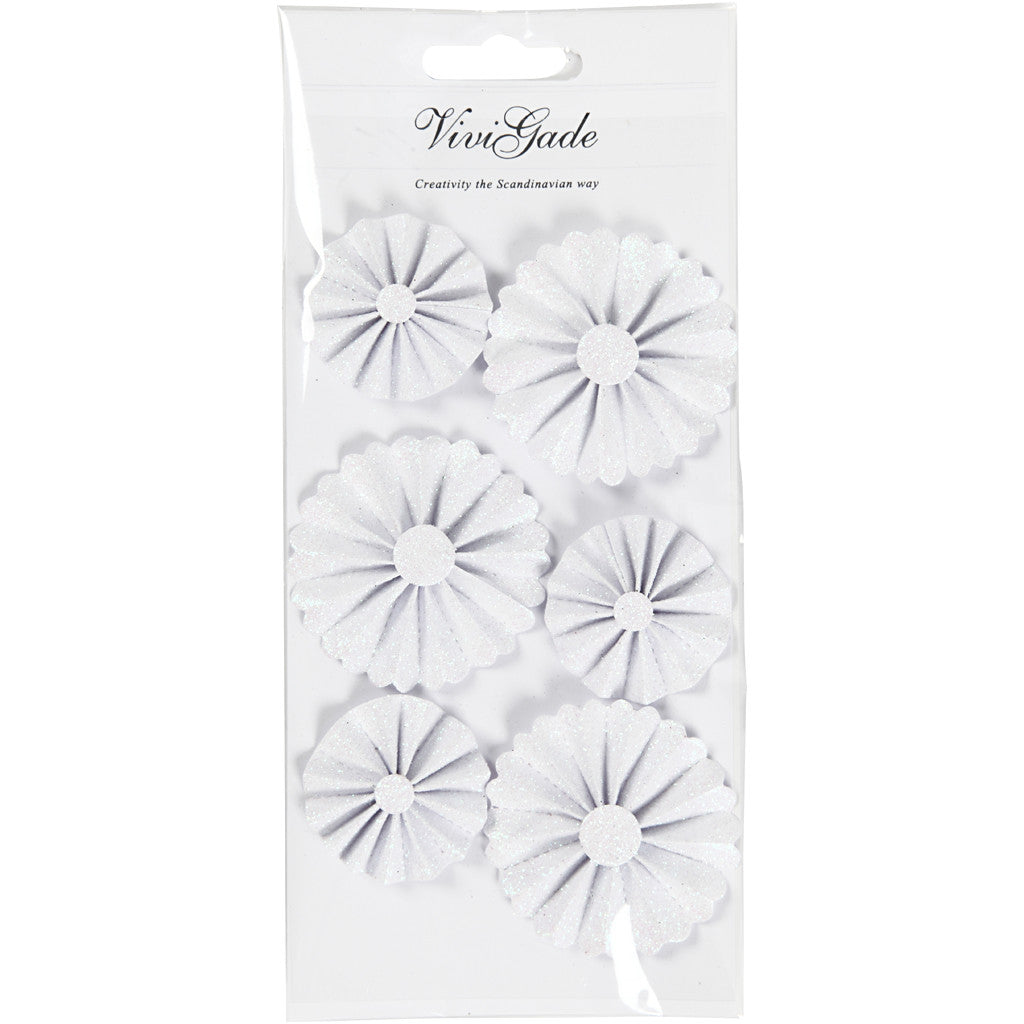 Rosettes en papier, d 35+50 mm, glitter blanc, 6 pièces/ 1 Pq. [HOB-24782]