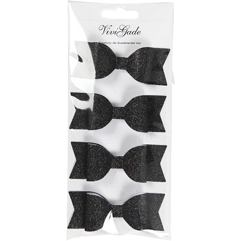 Noeud en papier, dim. 31x85 mm, glitter noir, 4 pièces/ 1 Pq. [HOB-24789]