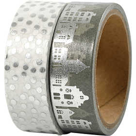 Masking Tape, huizen en stippen - folie, B: 15 mm, zilver, 2x4 m/ 1 doos [HOB-24798]