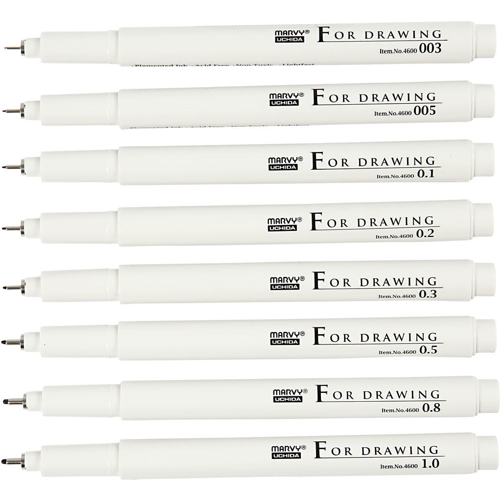 Fineliners, lijndikte 0,03+0,05+0,1+0,2+0,3+0,5+0,8+1,0 mm, zwart, 8 stuk/ 1 doos [HOB-25011]