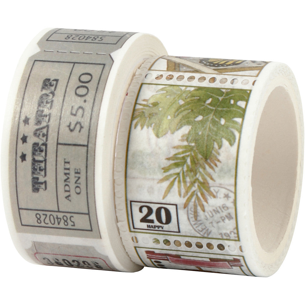Masking tape, ticket en natuurmotieven, L: 3+5 M, B: 20+25 mm, 2 rol/ 1 doos [HOB-25242]