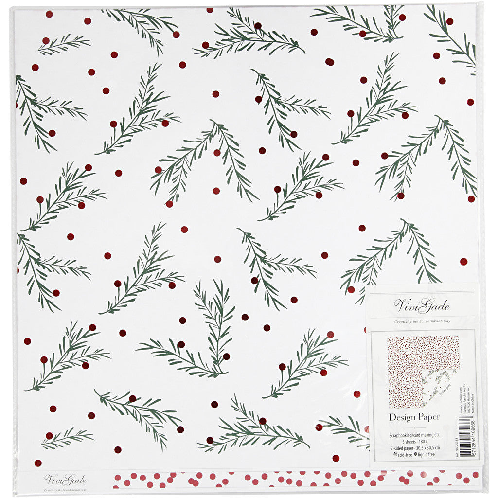 Papier Design, rameau et points, feuille 30,5x30,5 cm, 180 gr, or, vert, rouge, blanc, 3 flles/ 1 Pq. [HOB-25338]