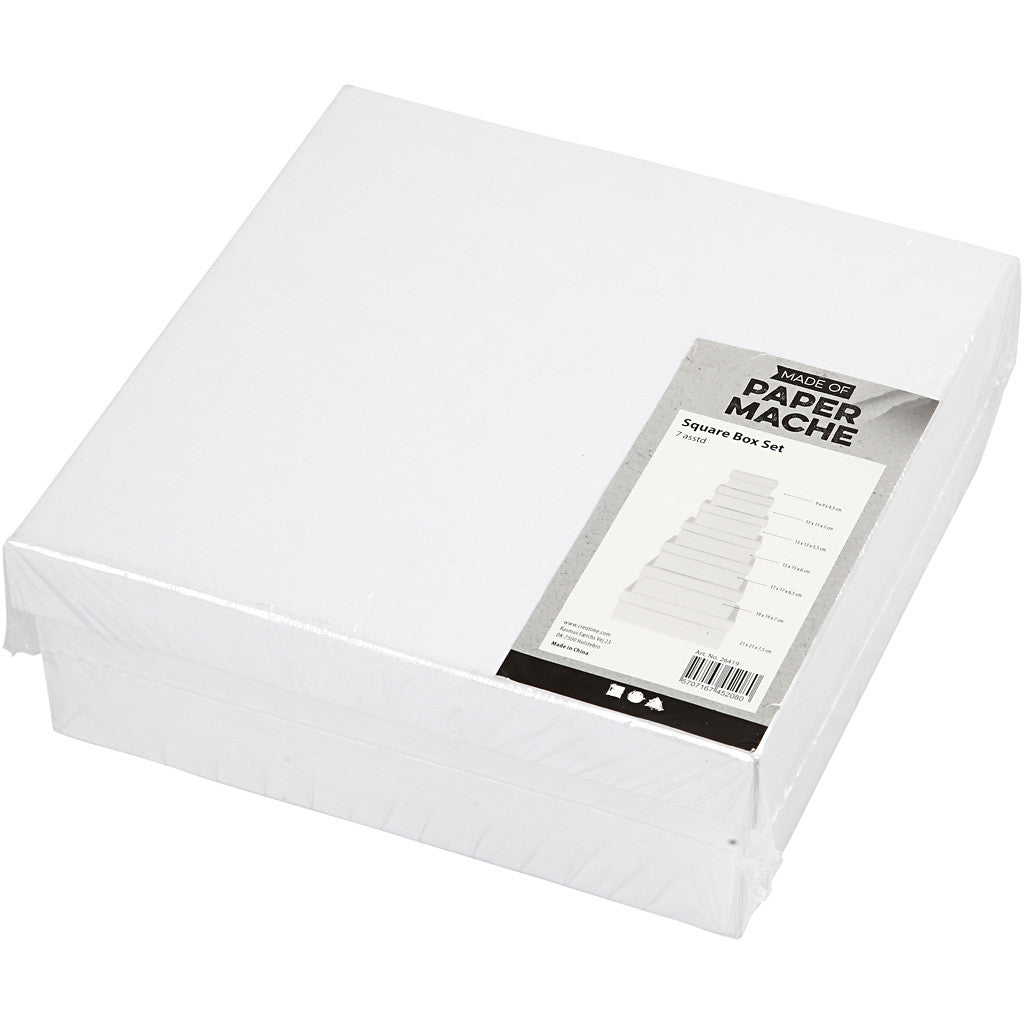Boîtes Carrées, H : 4,5+5+5,5+6+6,5+7+7,5 cm, dim. 9+11+13+15+17+19+21 cm, blanc, 7 pièces/ 1 set [HOB-26419]