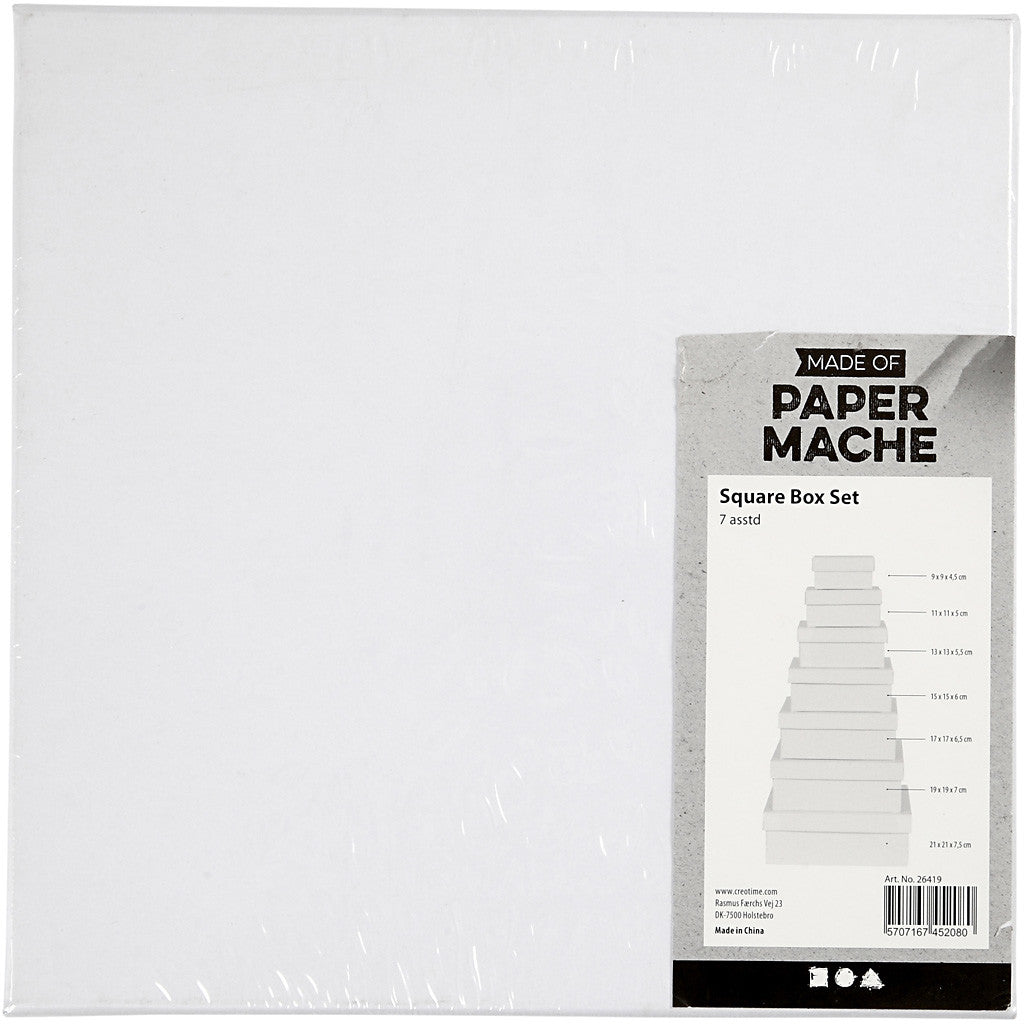 Boîtes Carrées, H : 4,5+5+5,5+6+6,5+7+7,5 cm, dim. 9+11+13+15+17+19+21 cm, blanc, 7 pièces/ 1 set [HOB-26419]