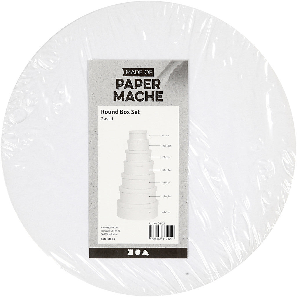 Boîtes rondes set, H : 4+4,5+5+5,5+6+6,5+7 cm, d 8,5+10,5+12,5+14,5+16,5+18,5+21,5 cm, blanc, 7 pièces/ 1 set [HOB-26421]