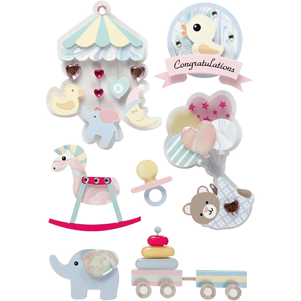 3D Stickers, baby, H: 25-70 mm, W: 20-55 mm, thickness 7 mm, 8 pc