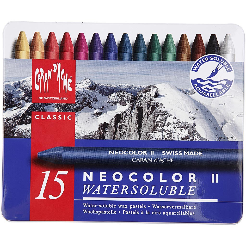 Caran d'Ache Aquarelle Neocolor 2, L : 10 cm, ép. 8,5 mm, ass. de couleurs, 15 pièces/ 1 Pq. [HOB-34042]
