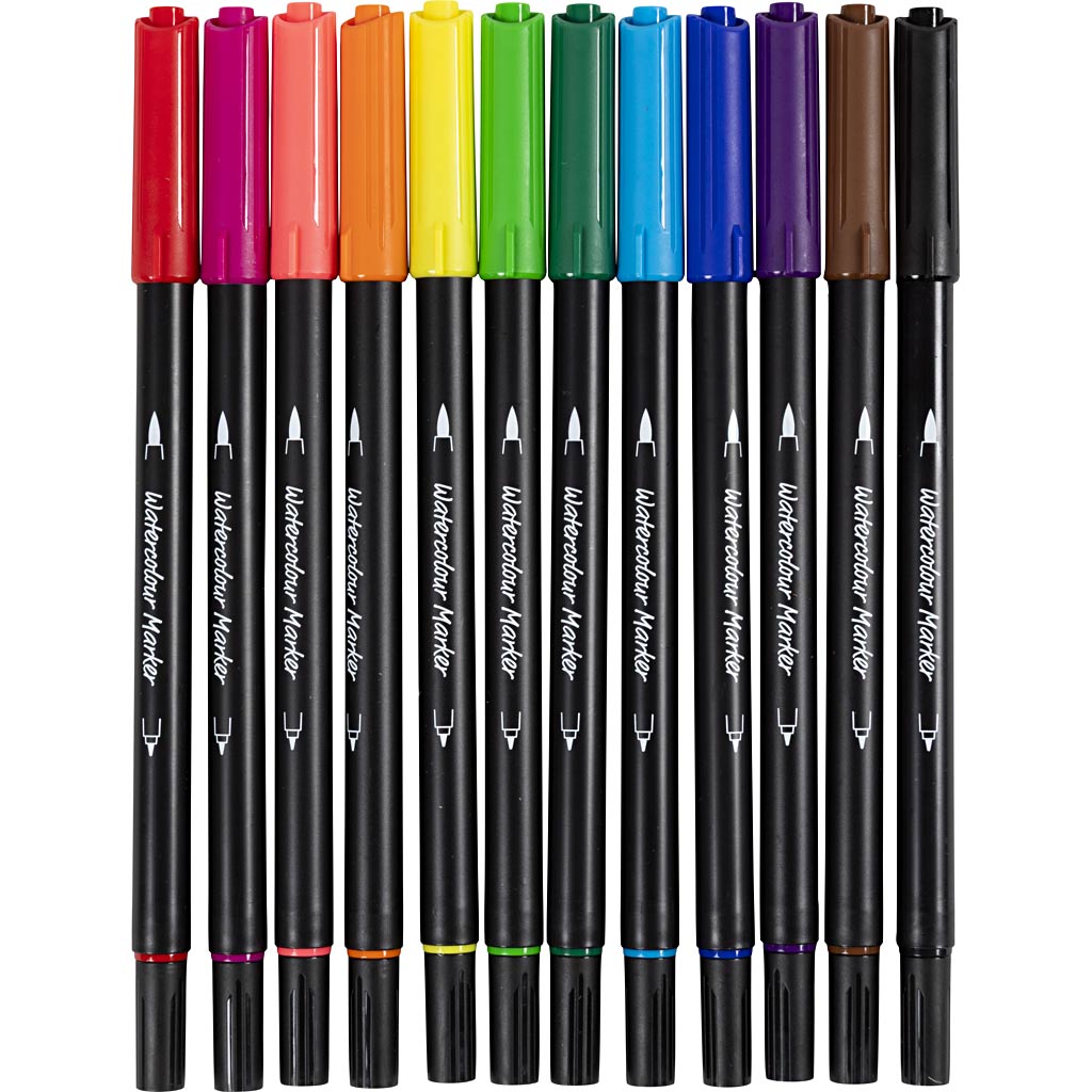 Aquarelmarker, lijndikte 2+4-8 mm, standaardkleuren, 12 stuk/ 1 doos [HOB-34339]