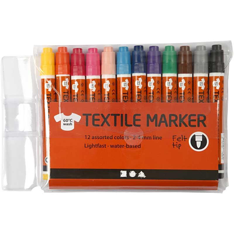 Feutres Textile, trait 2-4 mm, ass. de couleurs, 12 pièces/ 1 Pq. [HOB-34836]