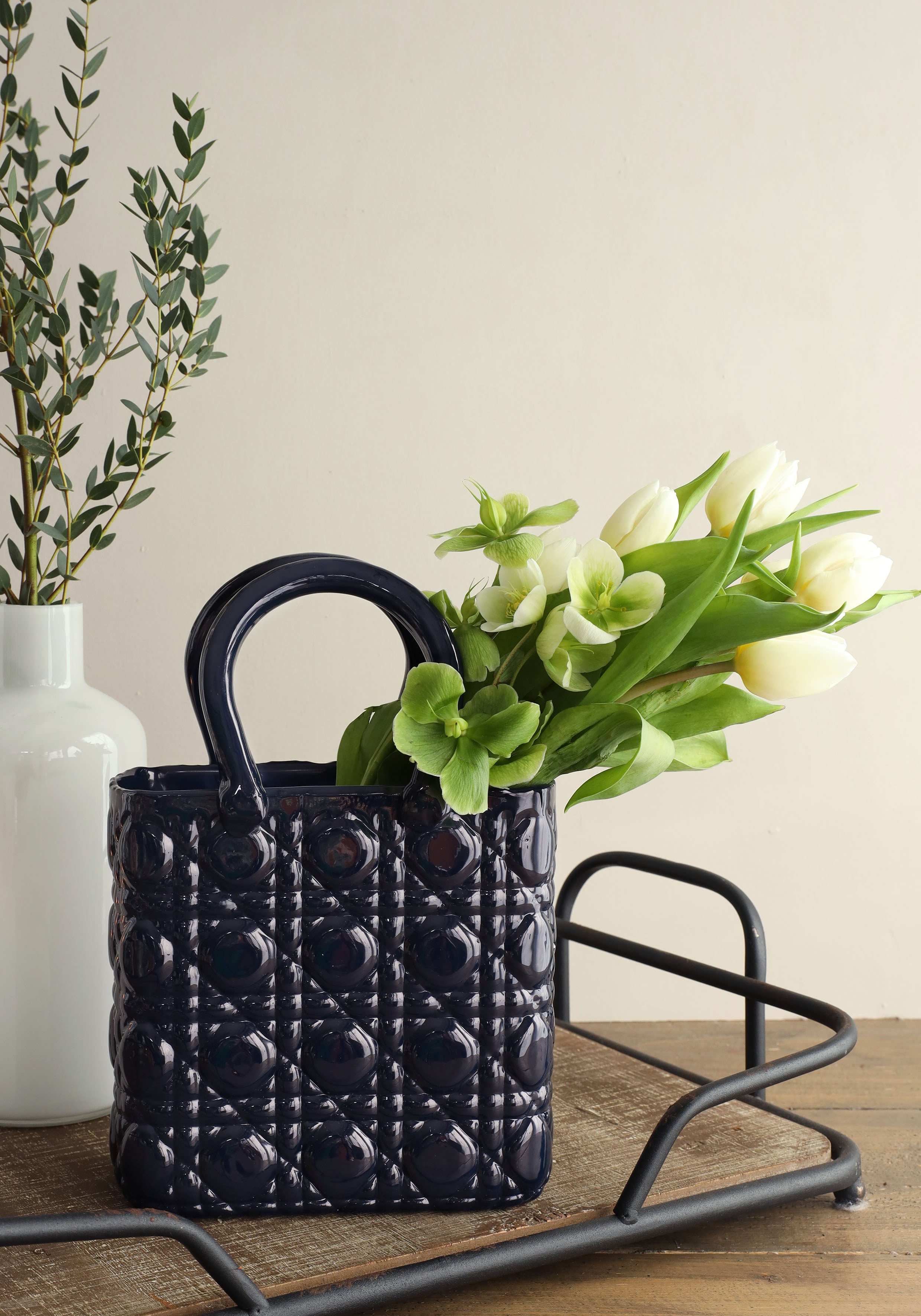 Handtas vaas Elysee glazen handvat l.14 x b.9,5 x h.22 cm donkerblauw (1 st) [IFS-37234]