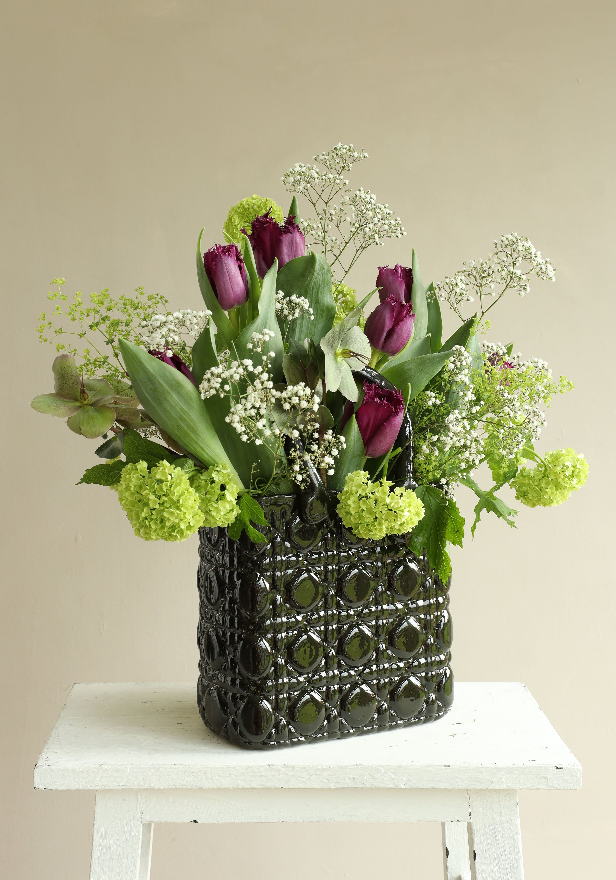 Handtas vaas Elysee glazen handvat l.14 x b.9,5 x h.22 cm donkergroen (1 st) [IFS-37235]