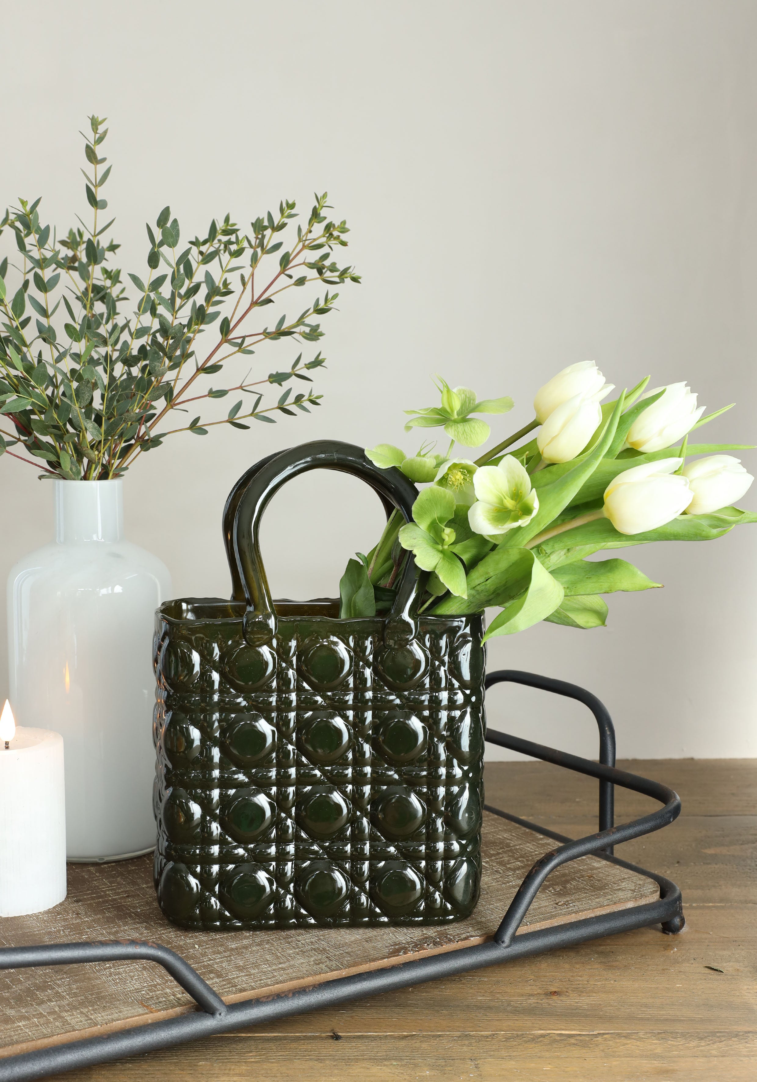 Handtas vaas Elysee glazen handvat l.19 x b.11 x h.28 cm donkergroen (1 st) [IFS-37245]