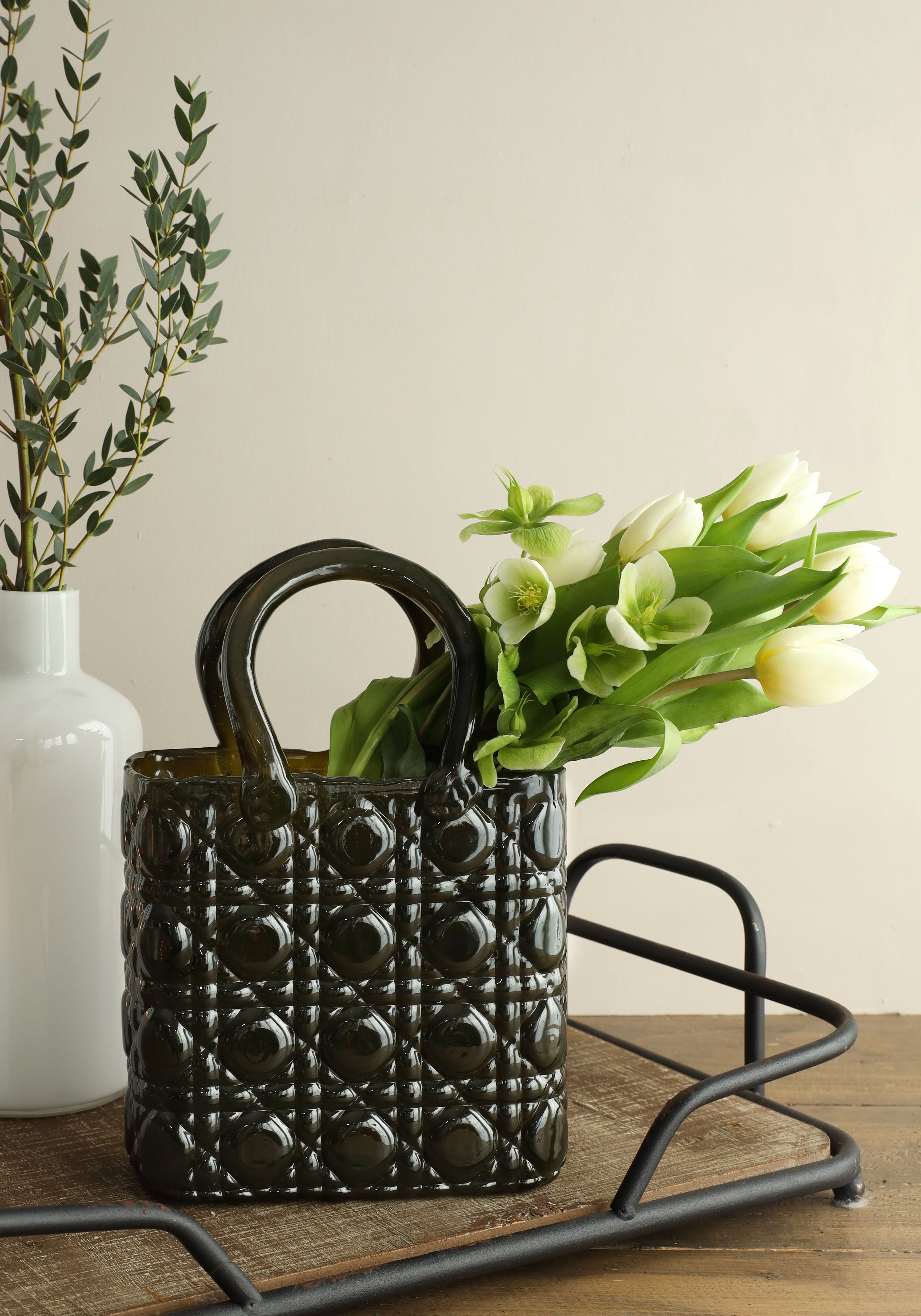 Handtas vaas Elysee glazen handvat l.19 x b.11 x h.28 cm donkergroen (1 st) [IFS-37245]