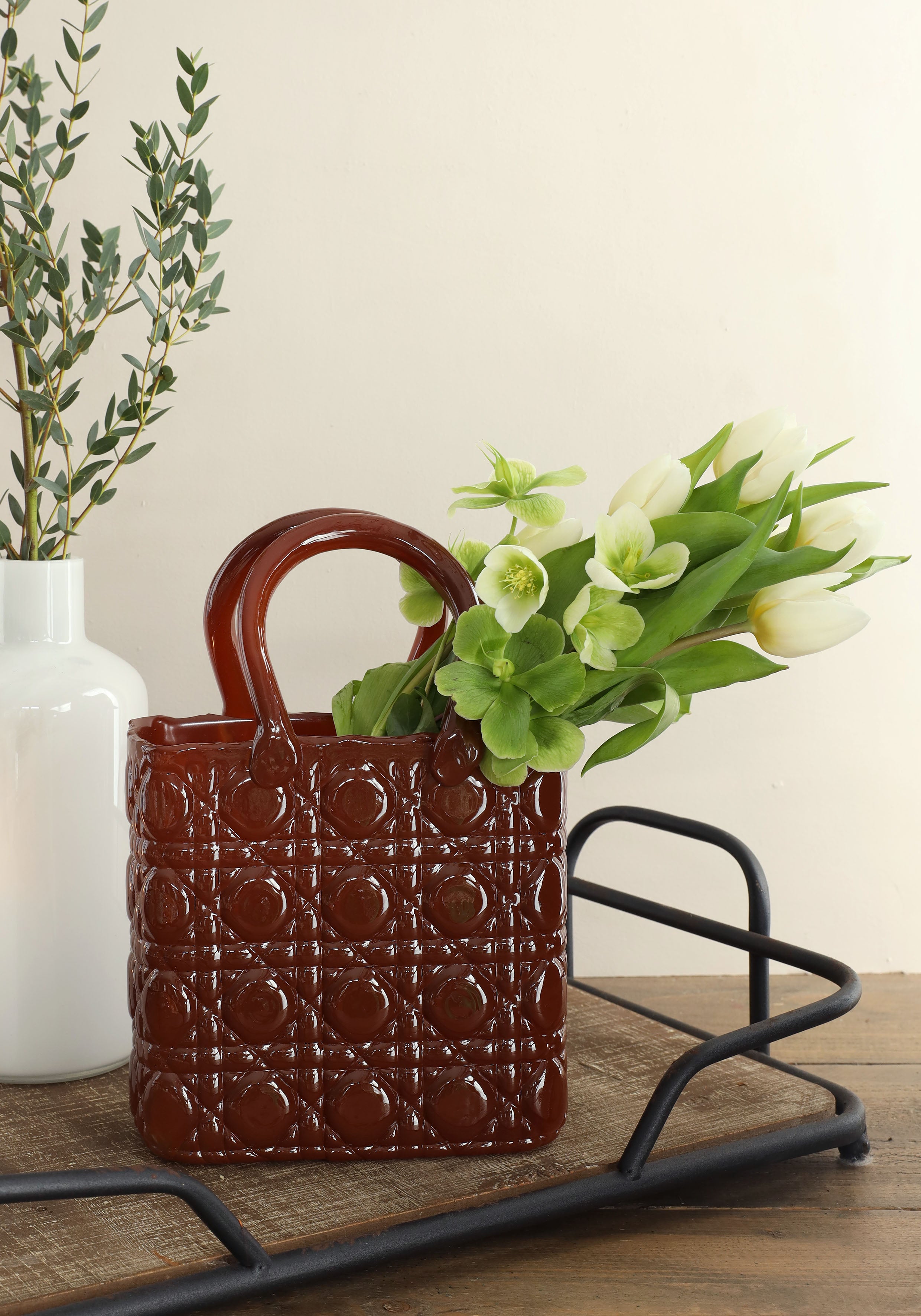 Handtas vaas Elysee glazen handvat l.19 x b.11 x h.28 cm mahonie (1 st) [IFS-37246]