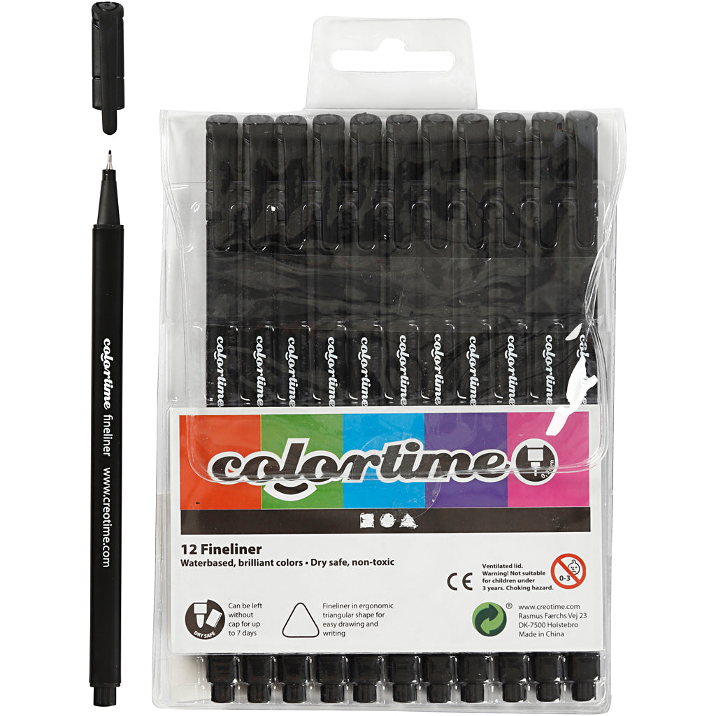 Colortime Fineliner Markers, line 0,6-0,7 mm, black, 12 pc