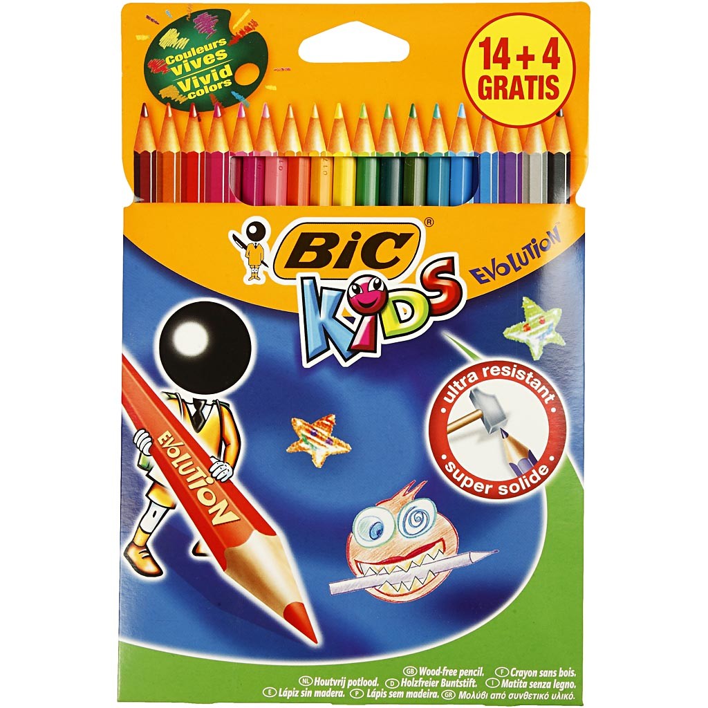 BIC Evolution Kleurpotloden, zeskantig, L: 17,5 cm, vulling 3 mm, diverse kleuren, 18 stuk/ 1 doos [HOB-37589]