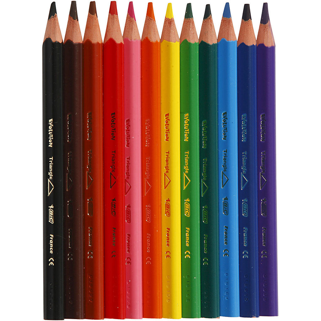 BIC Crayons de Couleur Triangulaires Evolution, L : 14 cm, mine 5 mm, ass. de couleurs, 12 pièces/ 1 Pq. [HOB-37597]