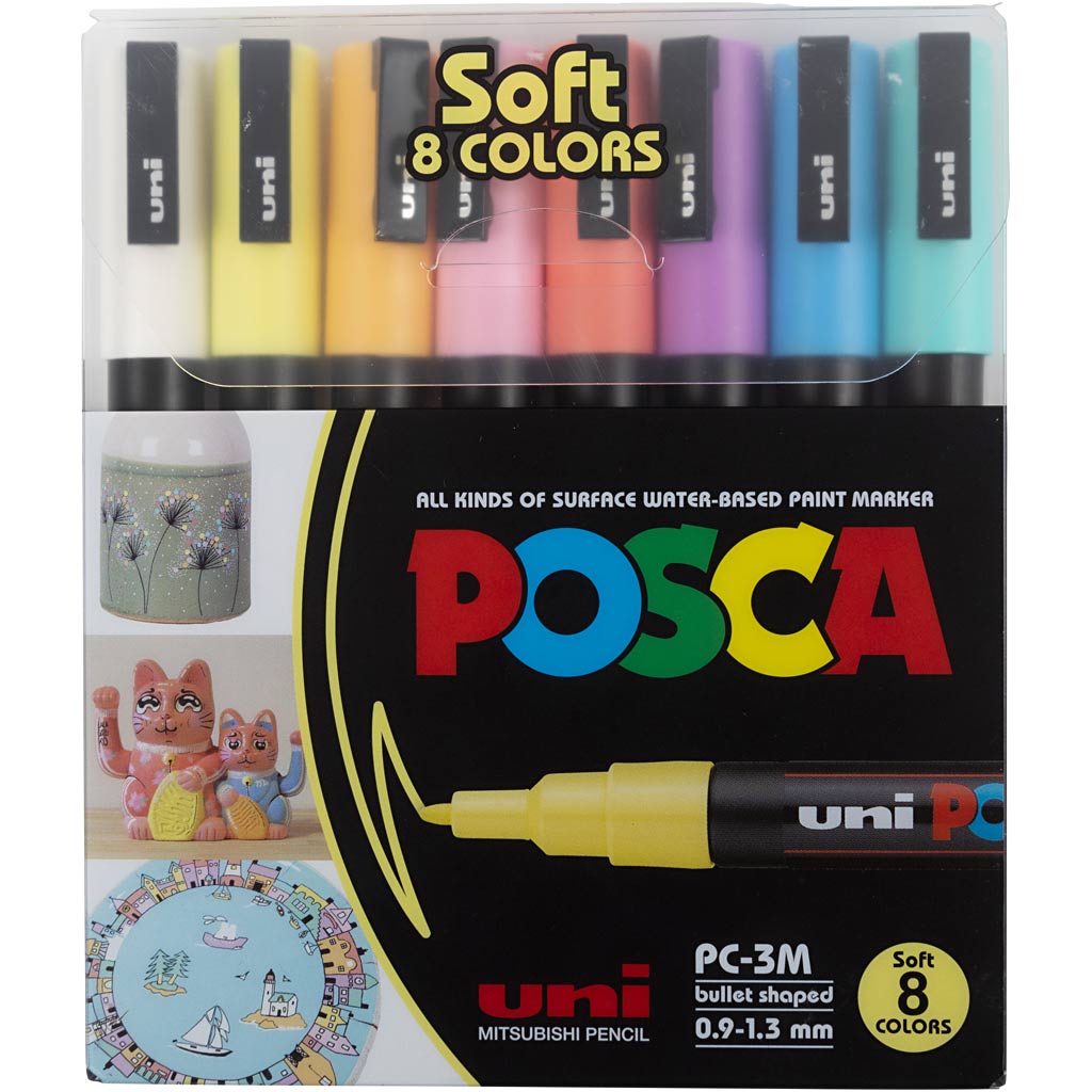Posca Marker, diverse kleuren, afm PC-3M, lijndikte 0,9 - 1,3 mm, 8 div/ 1 doos [HOB-384290]