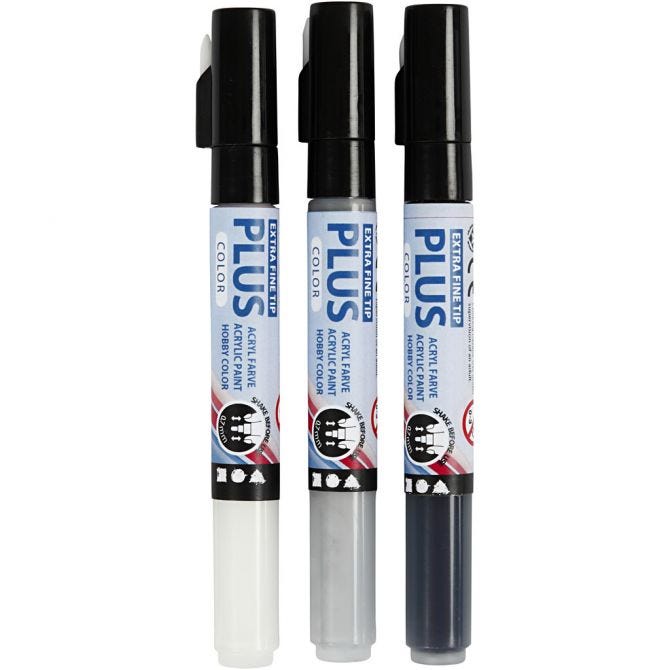 Plus Color Marker, L: 14,5 cm, lijndikte 0,7 mm, zwart, off-white, rain grey, 5,5 ml, 3 stuk/ 1 doos [HOB-39991]