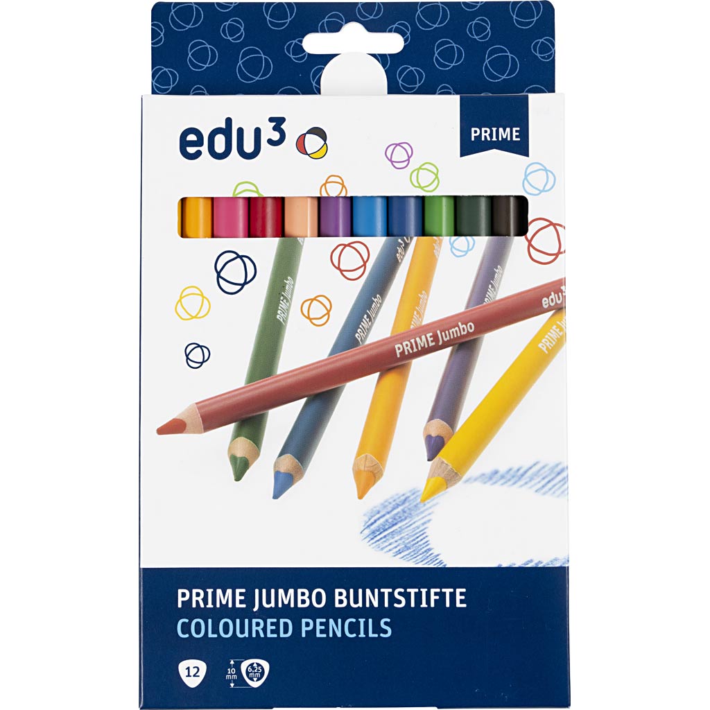 Edu Jumbo Kleurpotlood, dikte 10 mm, vulling 6,25 mm, diverse kleuren, 12 stuk/ 1 doos [HOB-409212]