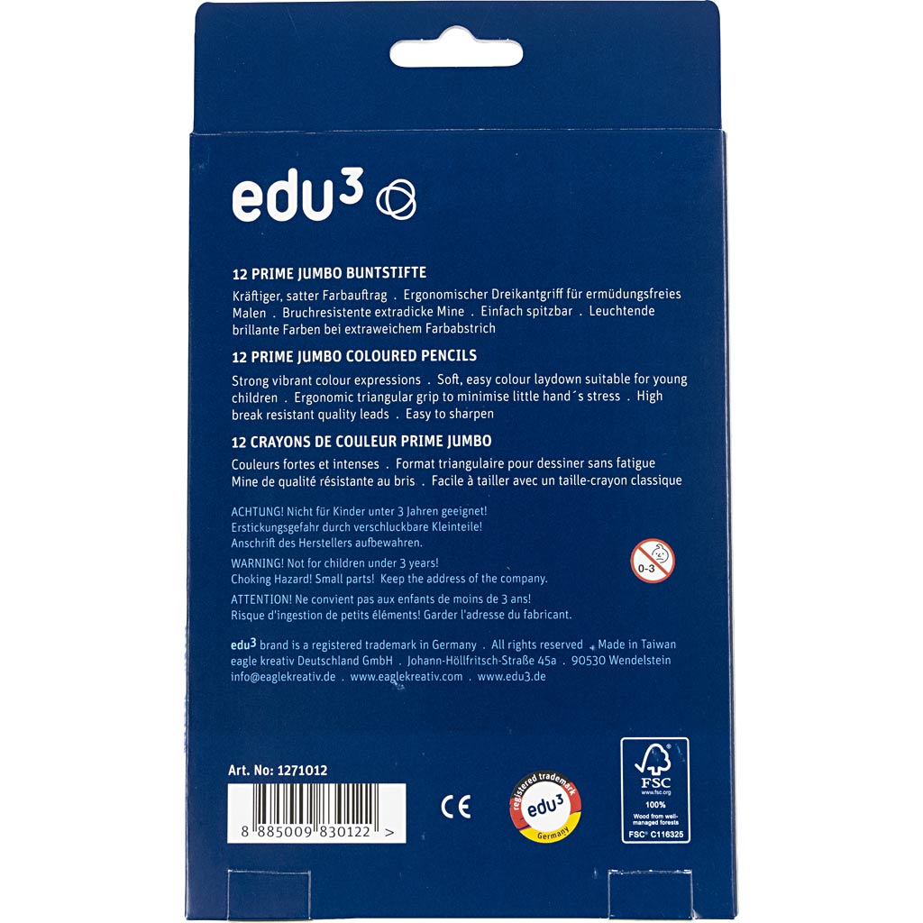 Edu Jumbo Kleurpotlood, dikte 10 mm, vulling 6,25 mm, diverse kleuren, 12 stuk/ 1 doos [HOB-409212]