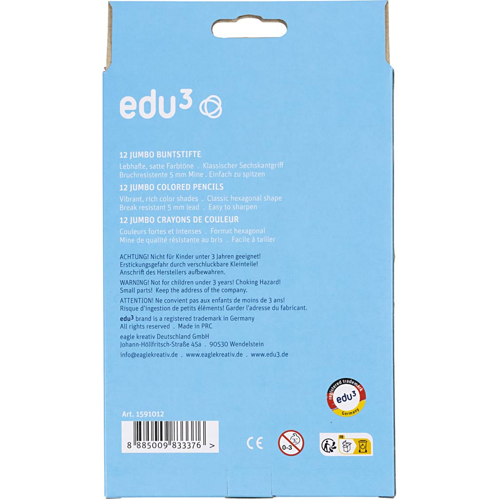 Crayons de Couleur Jumbo edu, ép. 10 mm, mine 5 mm, ass. de couleurs, 12 pièces/ 1 Pq. [HOB-409812]