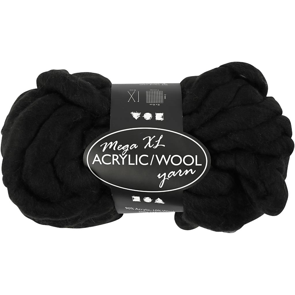 Chunky Yarn of Acrylic/Wool, L: 15 M, size mega, black, 300 g/ 1 ball