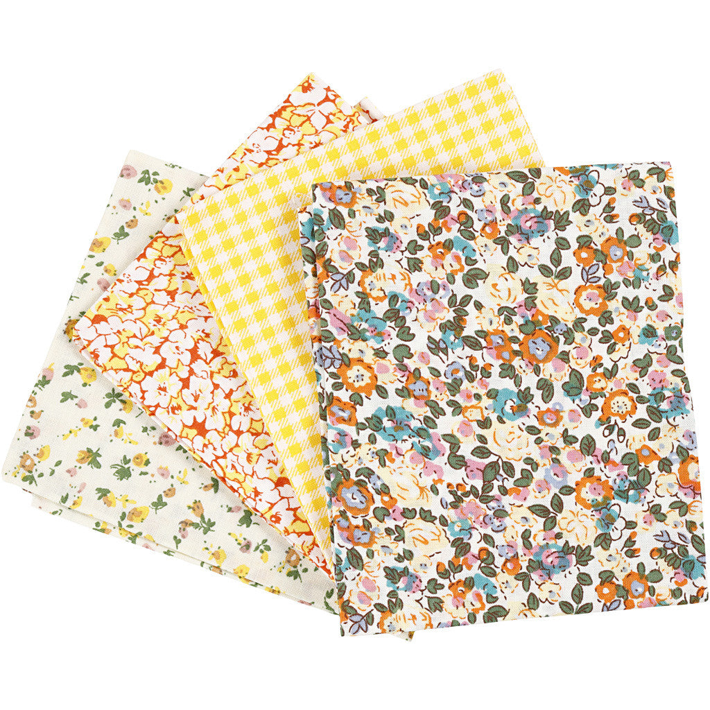Tissu patchwork, dim. 45x55 cm, 100 gr, jaune, 4 pièces/ 1 boule [HOB-441830]