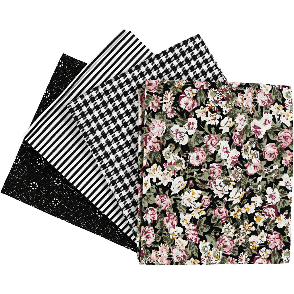 Tissu patchwork, dim. 45x55 cm, 100 gr, noir, 4 pièces/ 1 boule [HOB-441834]