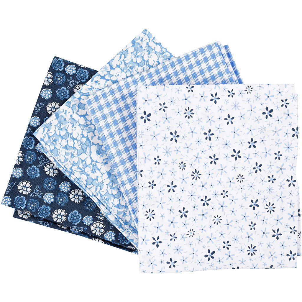 Tissu patchwork, dim. 45x55 cm, 100 gr, bleu, 4 pièces/ 1 boule [HOB-441835]