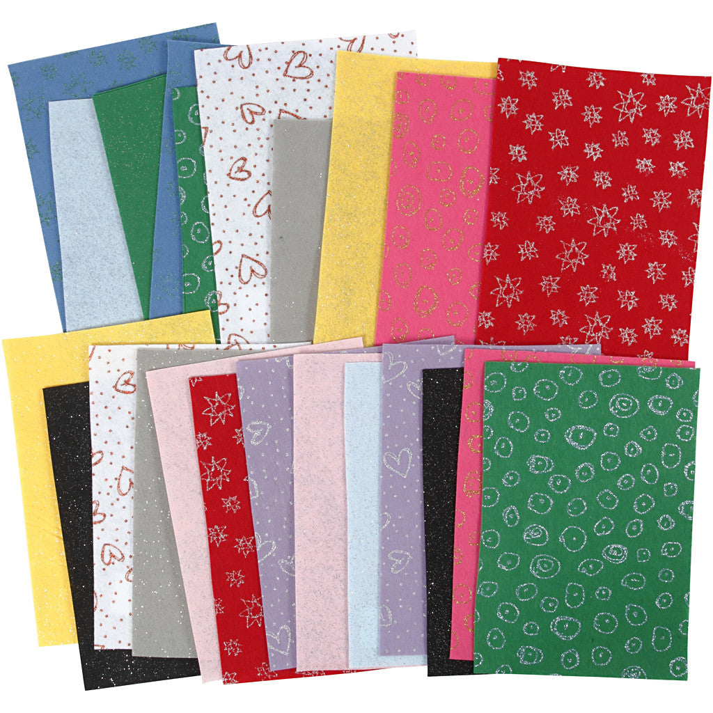 Feutrine synthétique, feuille 21x30 cm, ép. 1,5-2 mm, Le contenu peut varier , ass. de couleurs, 24 flles/ 1 Pq. [HOB-45394]