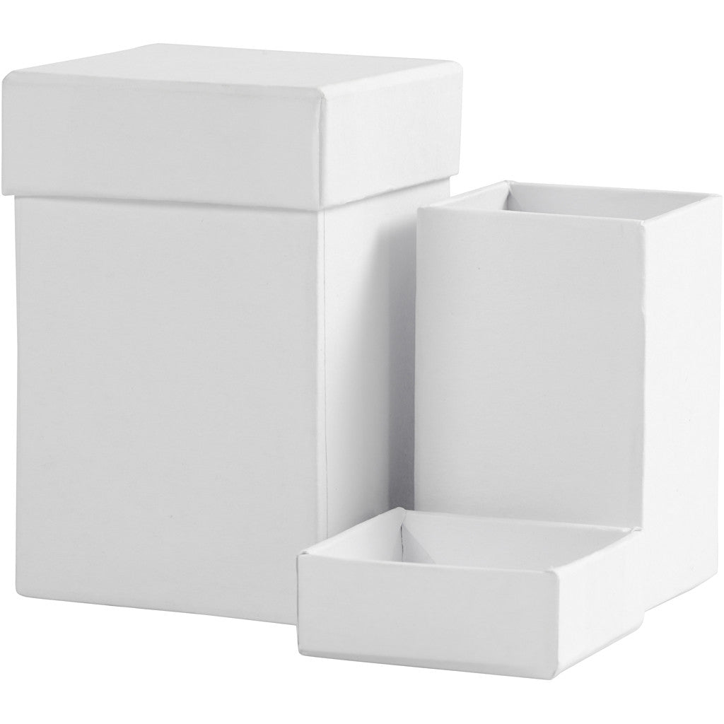Boîtes carrées, H : 7+9 cm, dim. 4,5+6 cm, blanc, 2 pièces/ 1 set [HOB-504324]