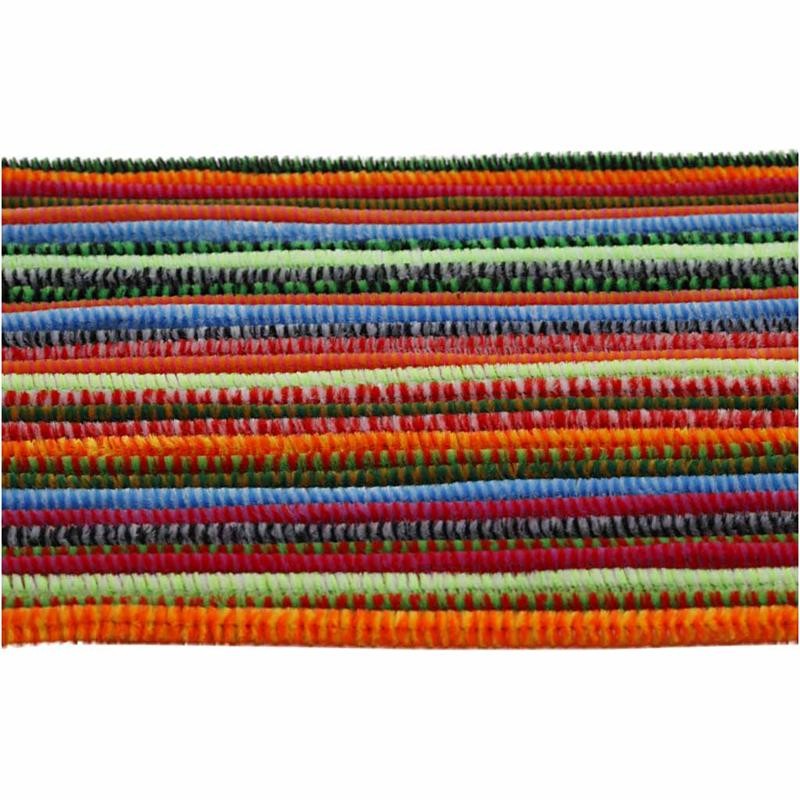 Chenille, gestreept, L: 30 cm, dikte 6 mm, diverse kleuren, 30 div/ 1 doos [HOB-51632]