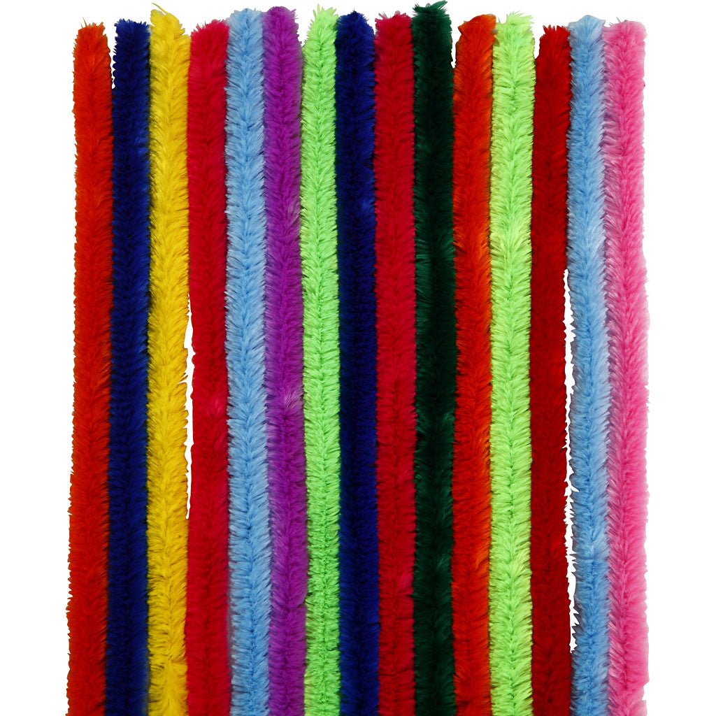 Chenille, L: 30 cm, dikte 15 mm, diverse kleuren, 15 div/ 1 doos [HOB-51638]