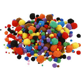 Pompons, d 5-40 mm, ca. 150 stuk, diverse kleuren, 42 gr/ 1 doos [HOB-518900]