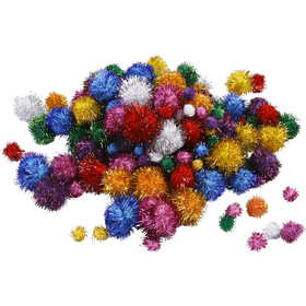Pompons, d 15-40 mm, glitter, ca. 75 stuk, sterke kleuren, 62 gr/ 1 doos [HOB-518920]